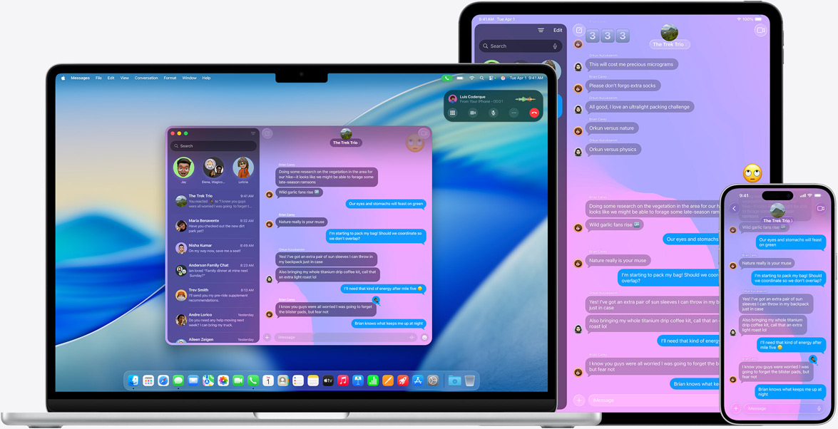 Prodotti Apple: MacBook Air 15 pollici, iPad Pro 13 pollici e iPhone 16 Plus con la stessa conversazione iMessage