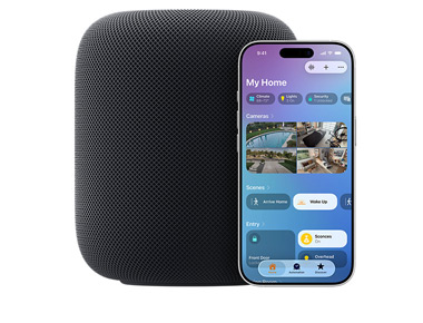 Ein mitternachtsblauer HomePod mit iPhone, das die Benutzeroberfläche «Mein Zuhause» in der Home-App anzeigt