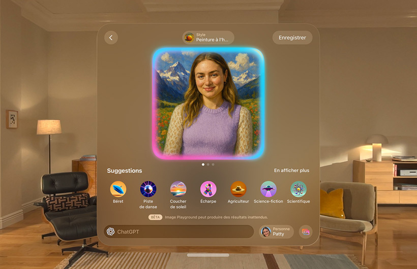 Écran d’Image Playground sur Apple Vision Pro flottant dans une pièce et montrant un visage Genmoji