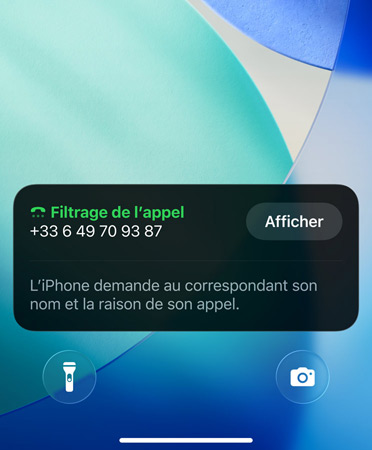 App Téléphone affichant la fonctionnalité Filtrage des appels en cours d’utilisation