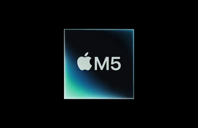 正方形圖像，內有 Apple 標誌，旁邊有「M5」字樣