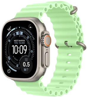 Apple Watch Ultra 3, natural color, titanium case, Orienteering watch face, complications: weather, parked car location, satellite, and distance to surface, right side exterior, Digital Crown, microphone, side button, Ocean Band, neon green color