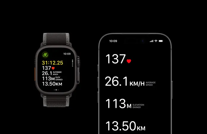 Apple Watch Ultra 3, black color, titanium case, Trail Loop, black/charcoal color,  iPhone, active workout metrics open on both devices