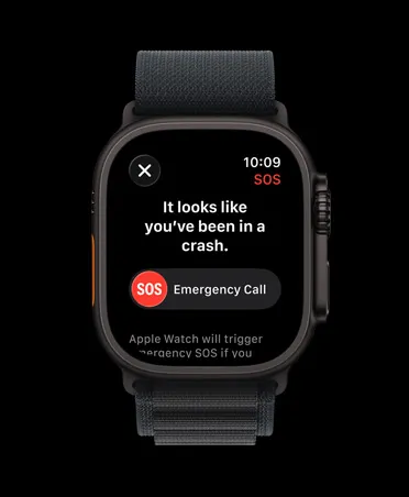 Apple Watch Ultra 3, black color, titanium case, crash detection notification, emergency call prompt, Alpine Loop, black color