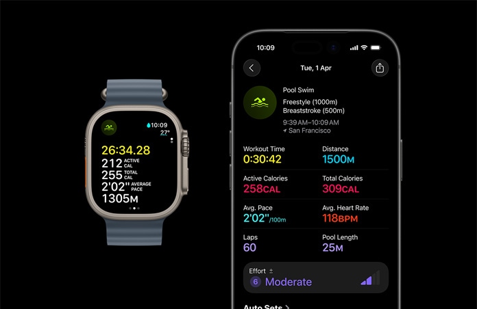Apple Watch Ultra 3, natúr titántok, medencés úszóedzés mérőszámai, teljes elemzés a párosított iPhone-on