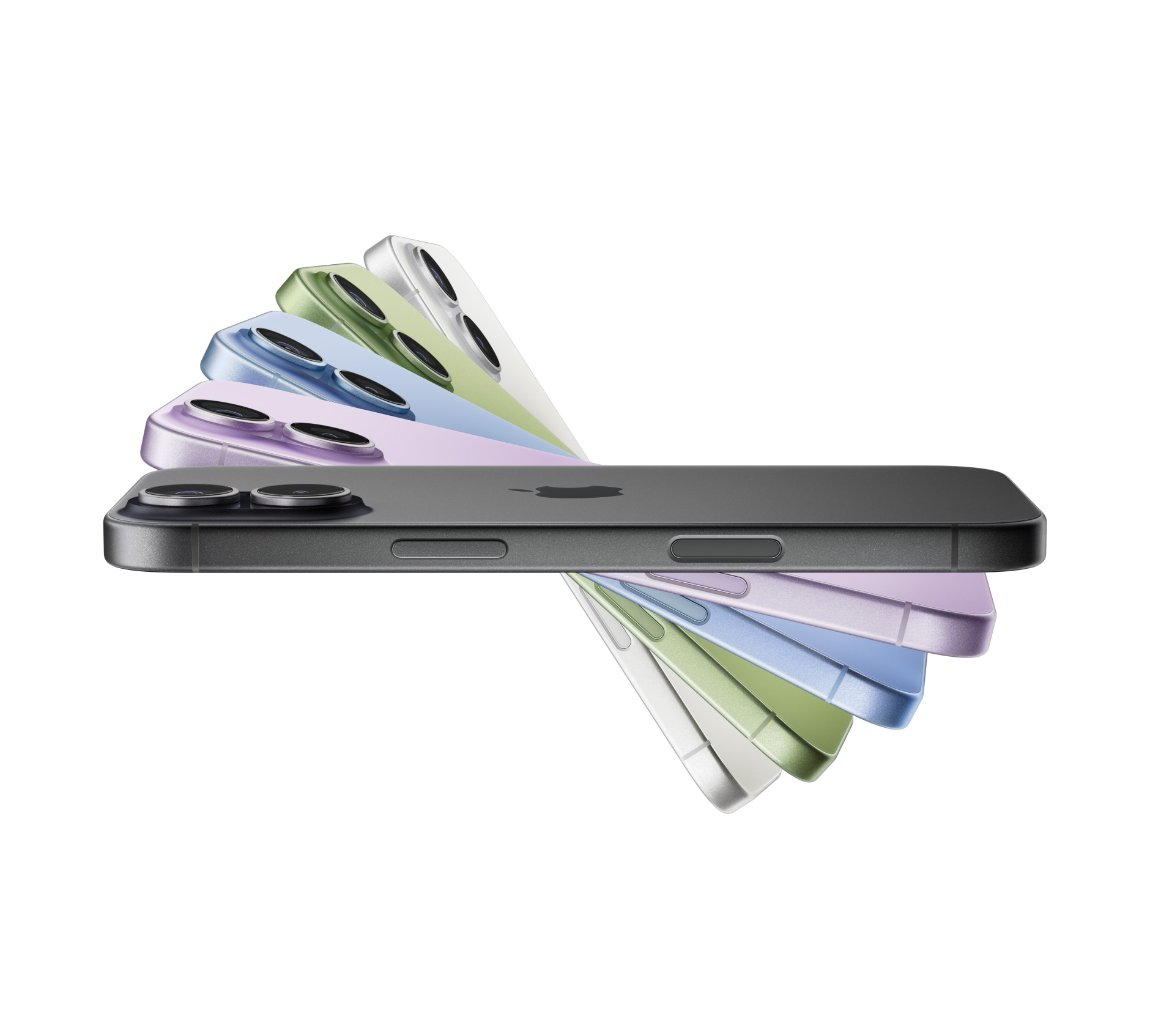 iPhone 17 készülékek legyezőszerűen elrendezve, színváltozatok: fekete, levendula, párakék, zsályazöld és fehér