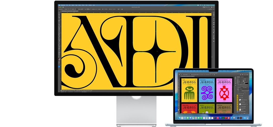 A Studio Displayen és egy Mac laptopon egy projekt látható az Adobe Illustrator 2025 alkalmazásban, a Studio Display kijelzőn a projekt közeli nézete