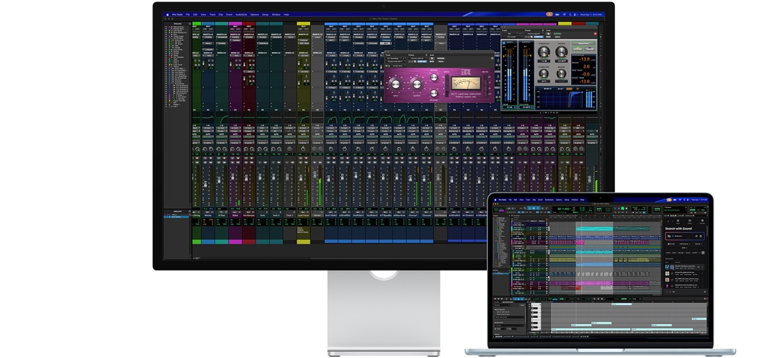 A Studio Displayen és egy Mac laptopon egy Pro Tools-munkamenet integrált Splice-funkciókkal