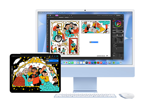 Ilustrasi lucu dan berwarna berani ditampilkan di iPad dan monitor iMac. Di iMac, ilustrasi tersebut berada dalam aplikasi kreatif.