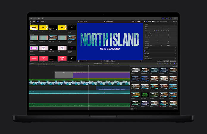MacBook Pro 16, Pengeditan video musik menampilkan beragam judul dan efek yang tersedia, judul bertuliskan Allie Sherlock