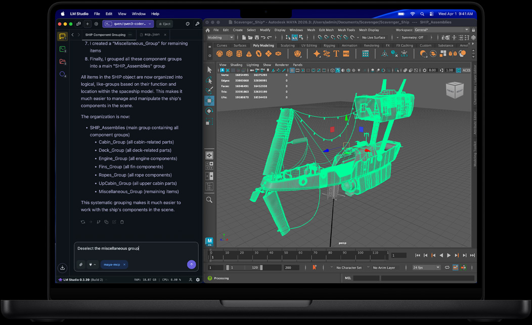 Layar MacBook Pro menampilkan LM Studio dan Autodesk Maya