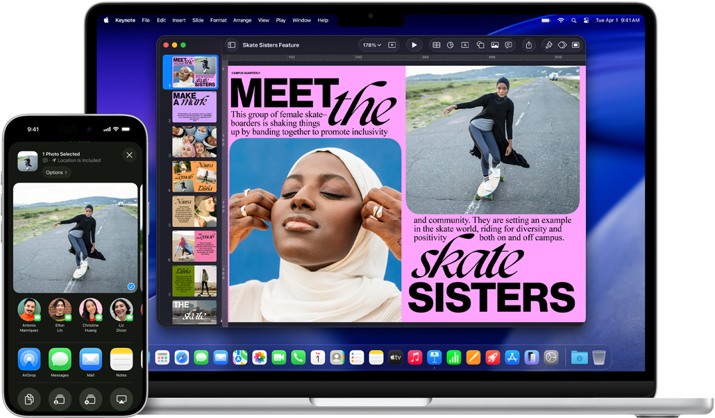 iPhone 16 Plus dengan aplikasi Foto terbuka, MacBook Air 13 inci dengan slide Keynote terbuka, foto yang sama dari iPhone terlihat di slide