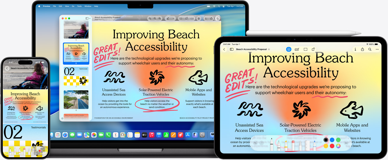 Beberapa perangkat Apple, gambar yang sama di setiap perangkat, Apple Pencil telah digunakan untuk menandai gambar di iPad, markup ditampilkan di perangkat lain