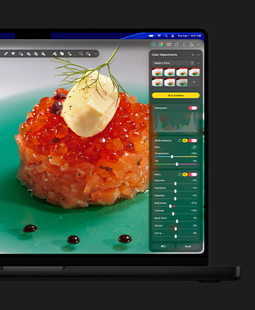 Layar MacBook Pro 16, foto close-up kaviar salmon di piring, alat penyesuaian warna