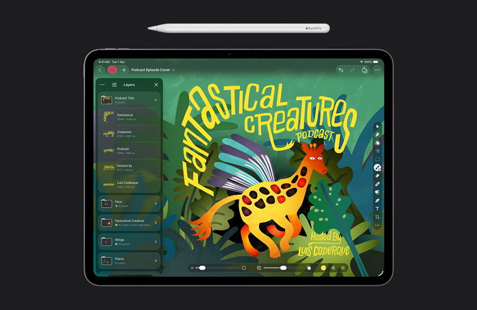 Apple Pencil, iPad Pro 13 screen, Pixelmator Pro, illustration of a podcast episode cover, layering toolkit