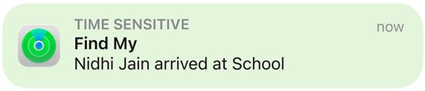 Find My app, map, notification pops up to confirm child has arrived at school