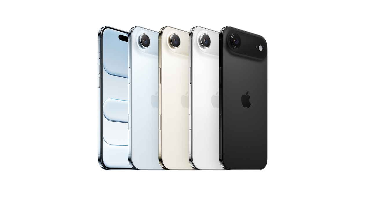 iPhone Air, side exterior, colours: Sky Blue, Light Gold, Cloud White and Space Black, very thin profile, Fusion camera system, buttons: side, Camera Control