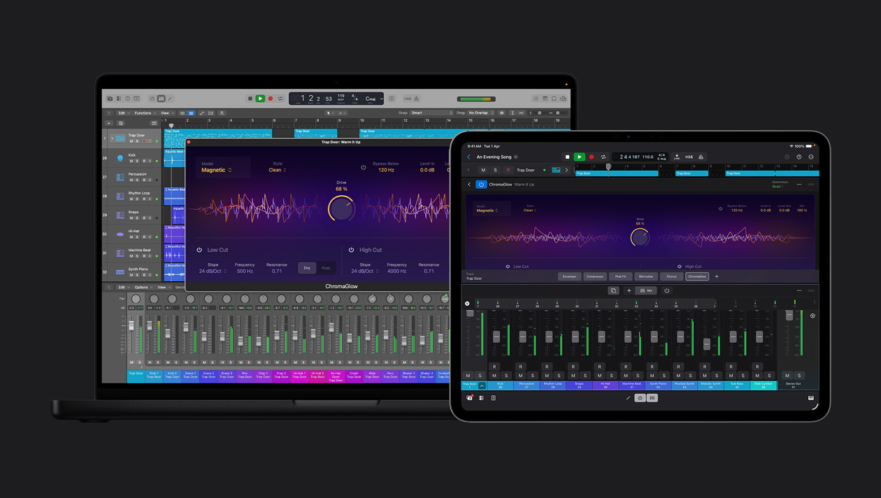 iPad Pro 13 workspace showing sound waves on top with adjustment dial at the centre, track options, instrument controls at the bottom, MacBook Pro 16 screen showing workspace with loop and instrument panel on the left, ChromaGlow window open, audio controls at the bottom