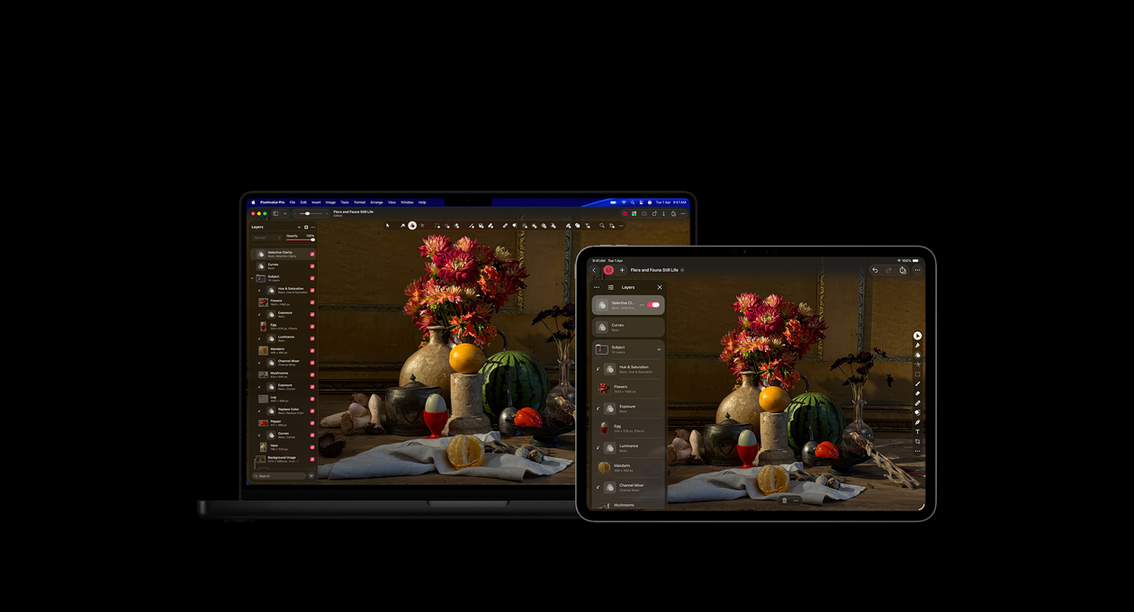 MacBook Pro 16″ and iPad Pro 13″ screens, Pixelmator Pro, flora and fauna still-life painting, layers toolkit on the left