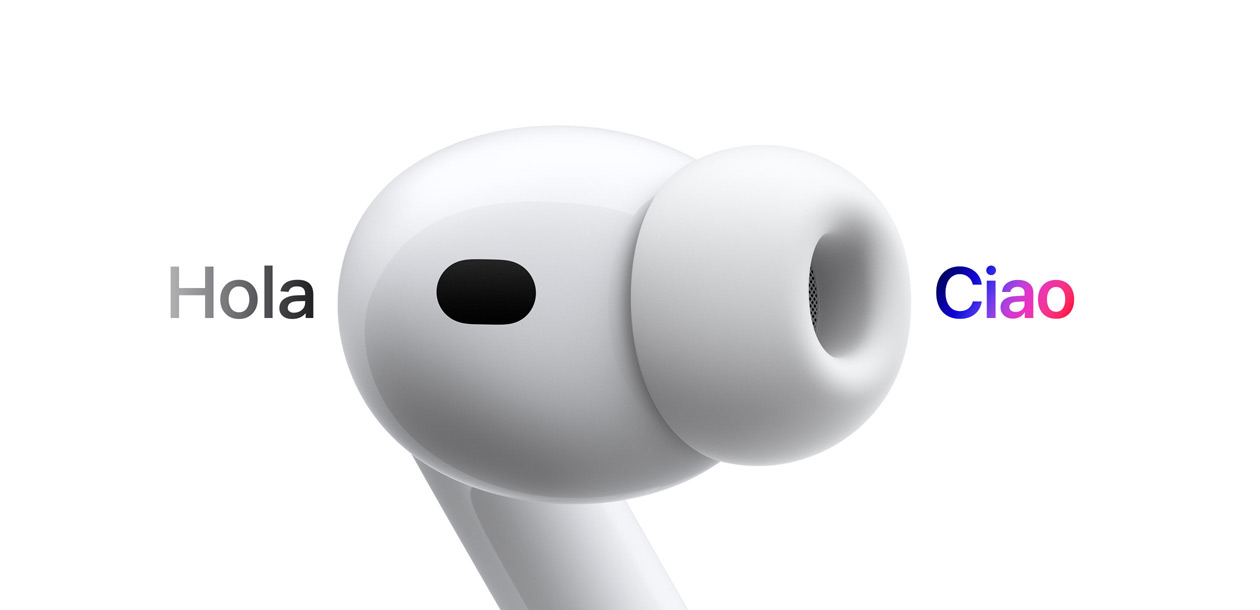 AirPods Pro 3, auricolare con cuscinetto in silicone, la funzione Traduzione in tempo reale sostituisce la parola in spagnolo “hola” con la parola italiana ”ciao”