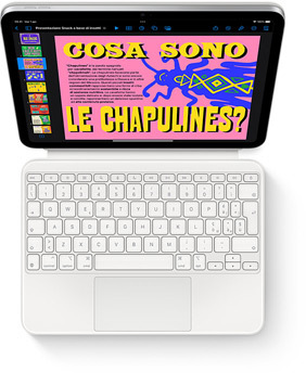 Un iPad mostrato dall’alto con una Magic Keyboard Folio bianca.