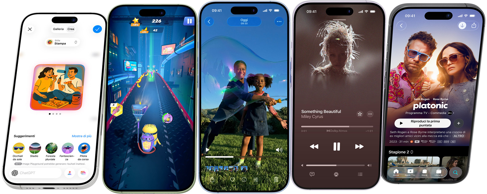 iPhone 17 che ruotano in verticale fermandosi in modo da mostrare lo schermo con varie funzioni