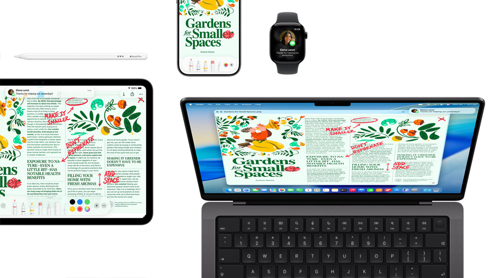 iPad, iPhone, Apple Watch, Mac의 macOS Tahoe 등 여러 기기에 동일한 잡지 레이아웃이 표시되어 있는 모습.