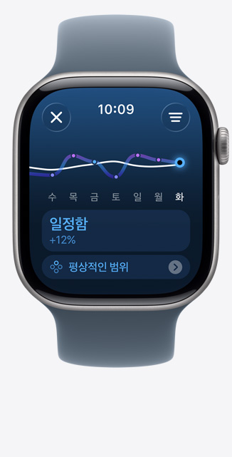 훈련량 화면에서 일정하게 향상된 운동량을 보여주는 스페이스 그레이 색상 알루미늄 케이스의 Apple Watch Series 11