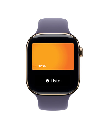Apple Watch Series 11, color oro, caja de titanio, Apple Pay, parte lateral derecha, Digital Crown, correa deportiva morado niebla