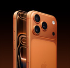 iPhone 17 Pro, Cosmic Orange color, back angled exterior, Pro Fusion camera system in plateau at top, Camera Control button, front side exterior all screen design, Action and volume buttons