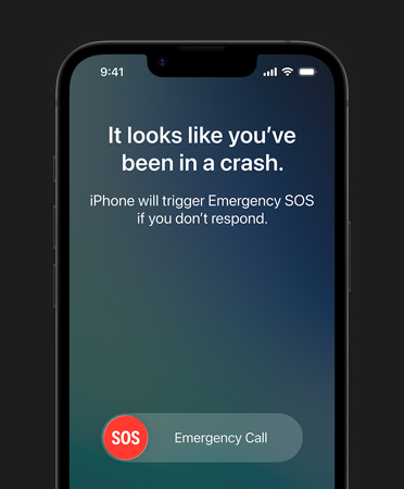 iPhone 17e, front exterior, Crash Detection feature in use
