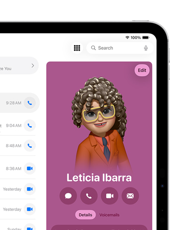 iPad, front right of screen showing a contact card in the Phone app open with options to Message, Call, and more