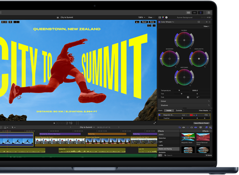 „MacBook Air“ dalinis ekrano vaizdas, kuriame rodomos M5 lusto galimybės redaguojant vaizdo įrašą