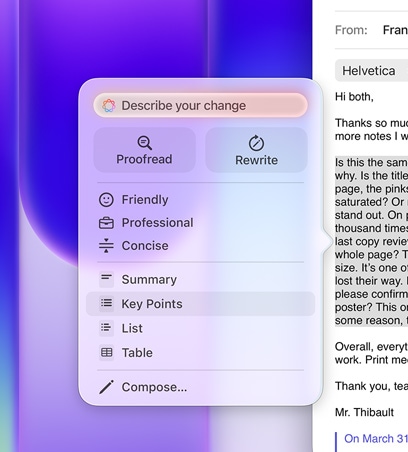 Naudojami rašymo įrankiai, el. laiške paryškintas didelis teksto skyrius, rašymo įrankių meniu rodoma pasirinkimo galimybė „Svarbiausi punktai“ su suženklintojo sąrašo piktograma