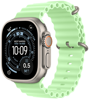 Apple Watch Ultra 3, dabīga krāsa, titāna ietvars, Orienteering ciparnīca, komplikācijas: UV indekss, aktivitātes, satelīts, kompass, ārpuses labais sāns, Digital Crown, mikrofons, sānu poga, Ocean Band siksniņa, neona zaļa krāsa