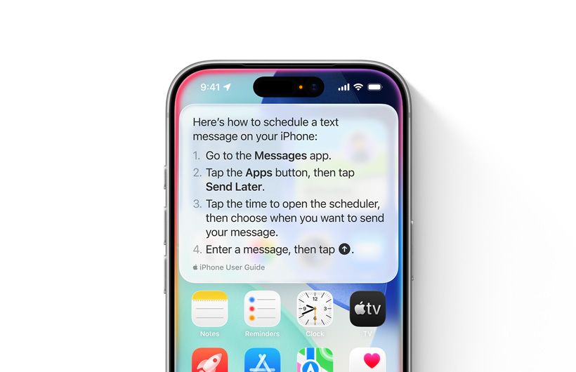 An iPhone is shown with step-by-step guidelines on how to schedule a text message to send later