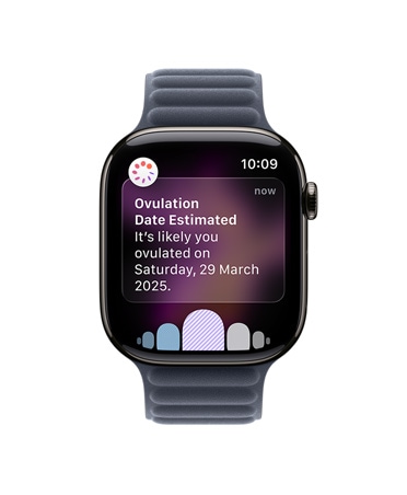 Apple Watch Series 11, slate color, titanium case, ovulation date estimation notification from Cycle Tracking in Health app, Digital Crown, band, Magnetic Link, navy color