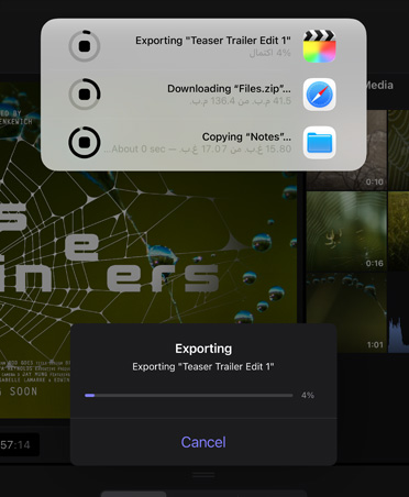 إشعار لمهام في الخلفية يعرض تقدّم تصدير فيديو، وتنزيل ملف، ونسخ ملاحظات احتياطياً