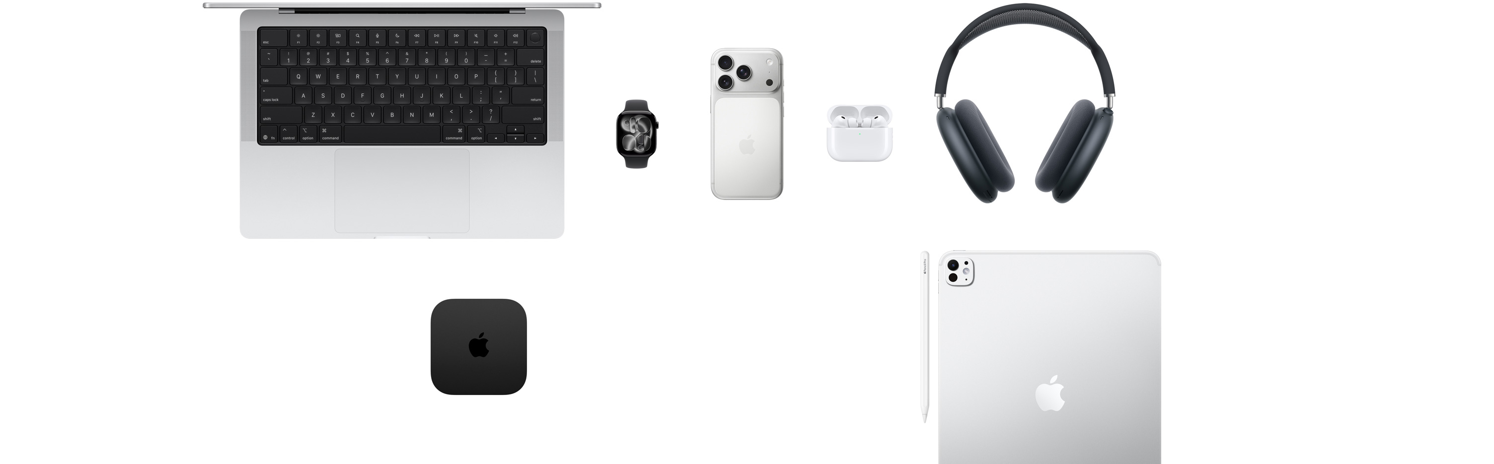 多款 Apple 產品展現眼前，包括 MacBook、Apple Watch Series 11、iPhone 17 Pro、AirPods Pro 3、AirPods Max 2、Apple TV、Apple Pencil Pro 和 iPad Pro