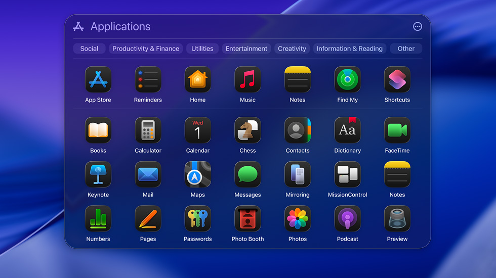 Varios íconos de apps en macOS Tahoe acomodados en forma de cuadrícula.