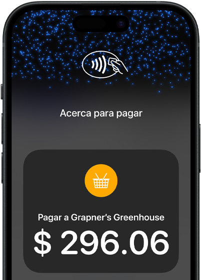 Primer plano de la pantalla de un iPhone que muestra el ícono de pago sin contacto e información sobre la transacción.