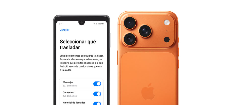 Un dispositivo al lado del otro, pantalla de un teléfono Android que muestra la app Trasladar a iOS, iPhone 17 Pro, parte posterior, sistema de cámaras Pro Fusion, 3 lentes, micrófono, flash