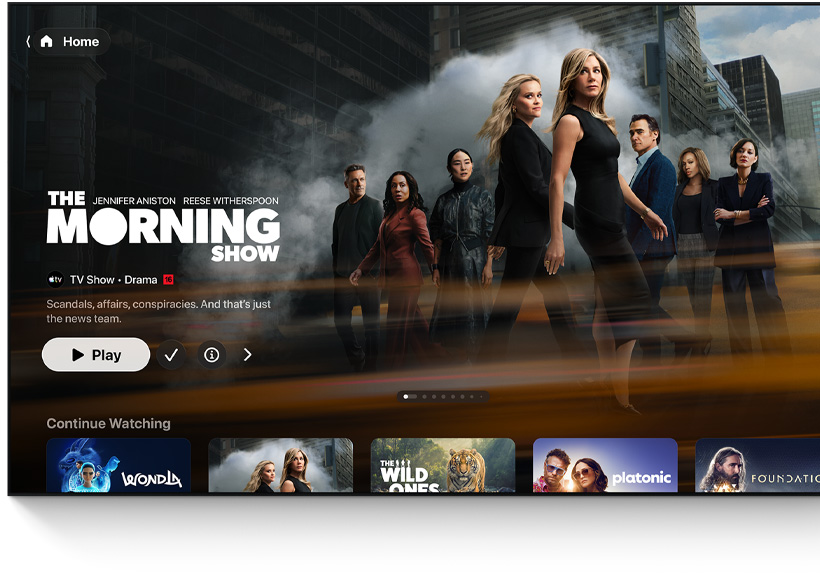 A flatscreen television showing the Apple TV app's homescreen UI