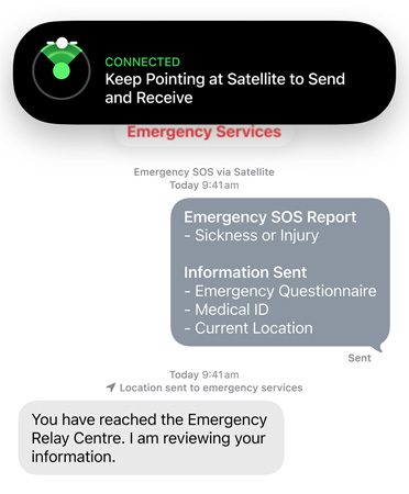 Emergency SOS via satellite feature in use, contacting emergency services to get help for a sick or injured person