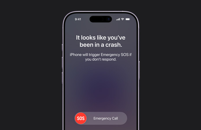 iPhone 17, front exterior, rounded corners, crash detection feature in use