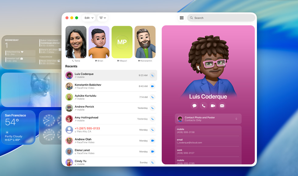 Ekran blokady z otwartą aplikacją FaceTime, lista ostatnich połączeń obok wizytówki z Genmoji i imieniem oraz nazwiskiem osoby