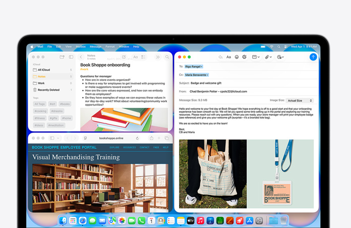 MacBook Neo w kolorze indygo, na ekranie widać wiadomość e-mail z powitalnym pozdrowieniem dla nowej pracowniczki księgarni, inne okna zawierają dokument Notatek o wdrożeniu i stronę internetową portalu dla pracowników księgarni w Safari