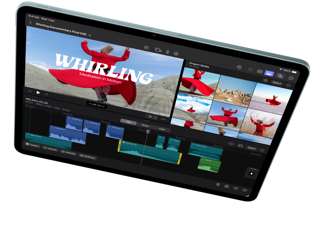 iPad Air in landscape orientation, showcasing video editing in Final Cut Pro