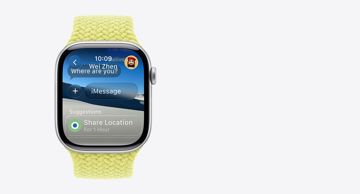 Apple Watch in Silver, with a braided strap in yellow, translucent message on screen says, Where are you?, the word Suggestions is below with a smart action that says Share Location For 1 Hour