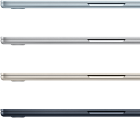 Side exteriors of four MacBook Air laptops, showcasing four different finishes